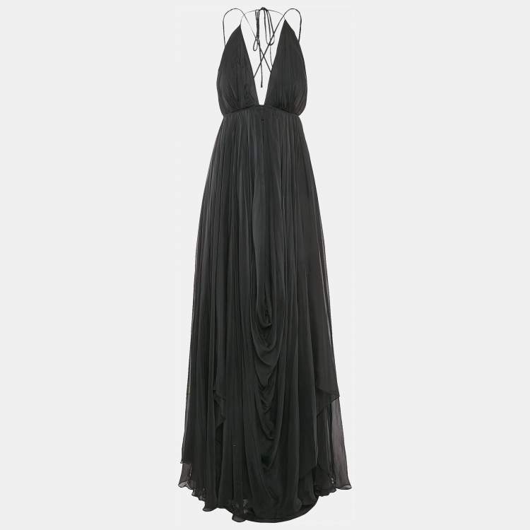 Pre Owned Gauri & Nanika Black Chiffon Draped Maxi Dress M