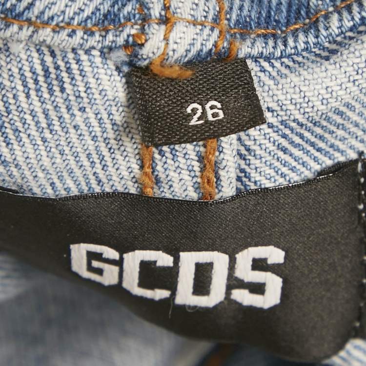 Pre Owned GCDS Blue Denim Logo Crystal Waist Detail Jeans S