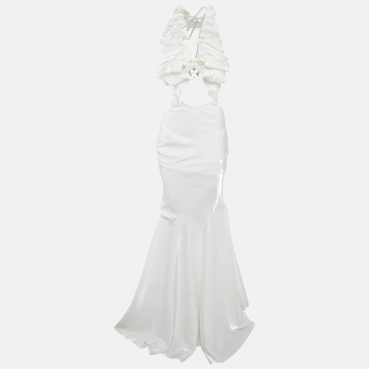 مملوكة مسبقًا Genny White Satin Ruched Orchid Detail Long Dress S