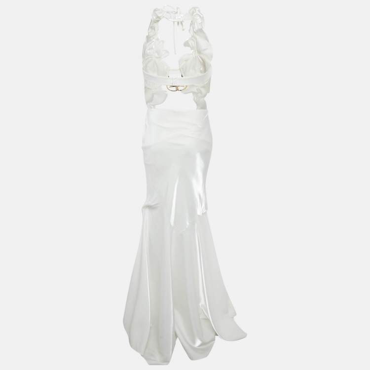 مملوكة مسبقًا Genny White Satin Ruched Orchid Detail Long Dress S