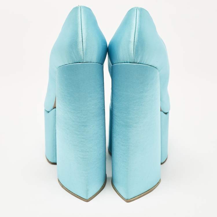 Pre Owned Georges Hobeika Blue Satin Platform Block Heel Pumps Size 39.5