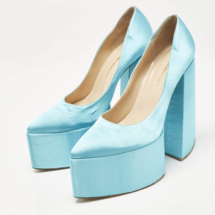Pre Owned Georges Hobeika Blue Satin Platform Block Heel Pumps Size 39.5