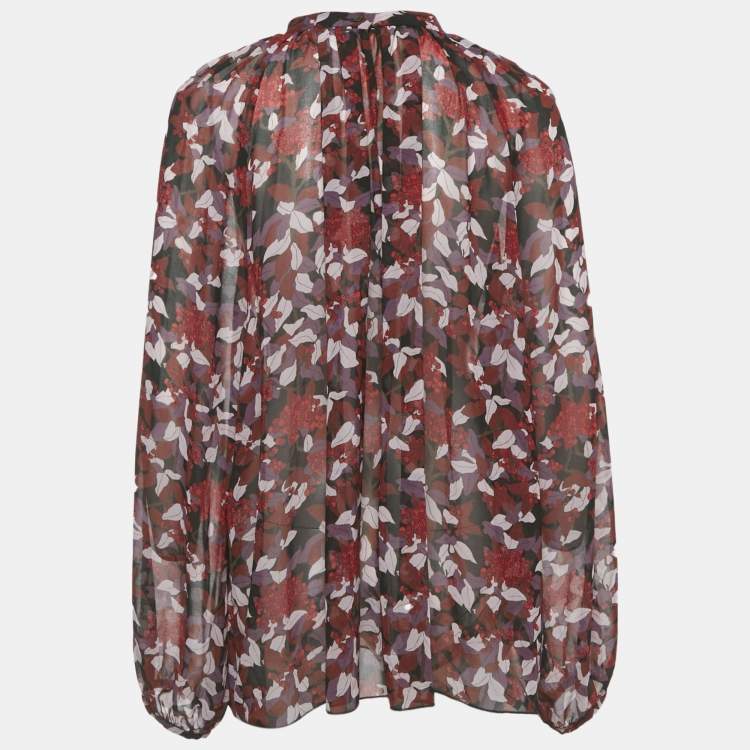 Pre Owned بلوزة جيامبا حرير بطبعة زهور بورجوندي مقاس كبير (لارج)