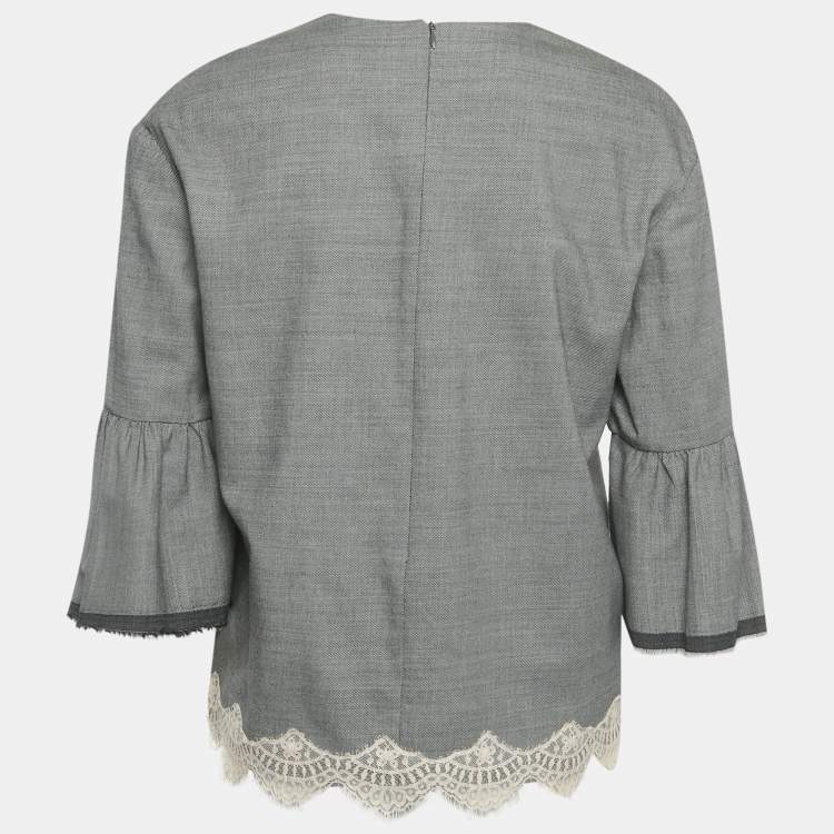 Pre Owned Giamba Grey Wool & Cotton Lace Detail Top S 