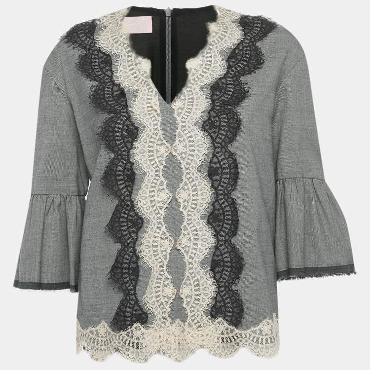 Pre Owned Giamba Grey Wool & Cotton Lace Detail Top S 