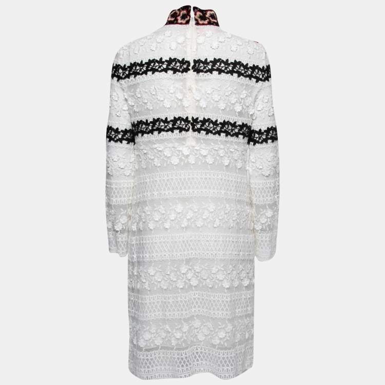 Pre Owned Giamba White Embroidered Lace High Neck Midi Dress M