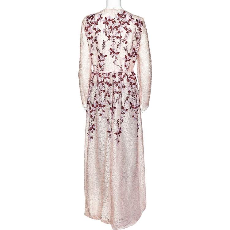 Pre Owned Giambattista Valli Pink Embroidered Tulle  Floral  Applique Detail Gown L