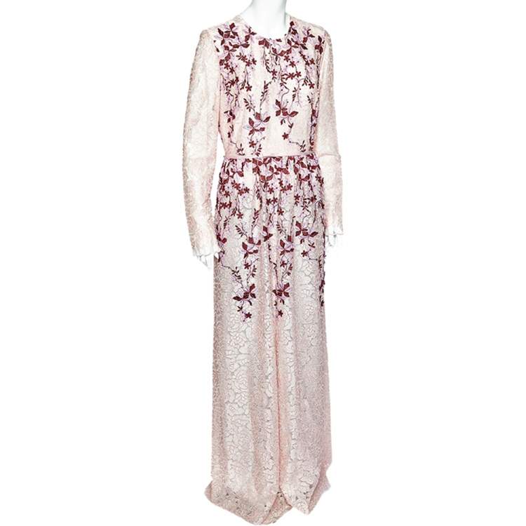 Pre Owned Giambattista Valli Pink Embroidered Tulle  Floral  Applique Detail Gown L