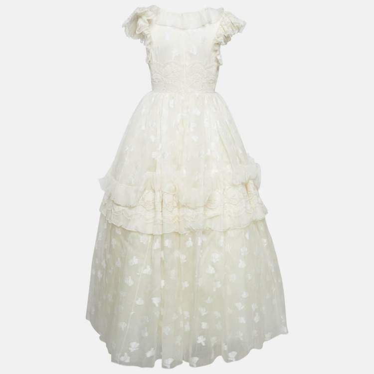 Pre Owned Giambattista Valli White Silk Lace Trim Ruffled Gown M