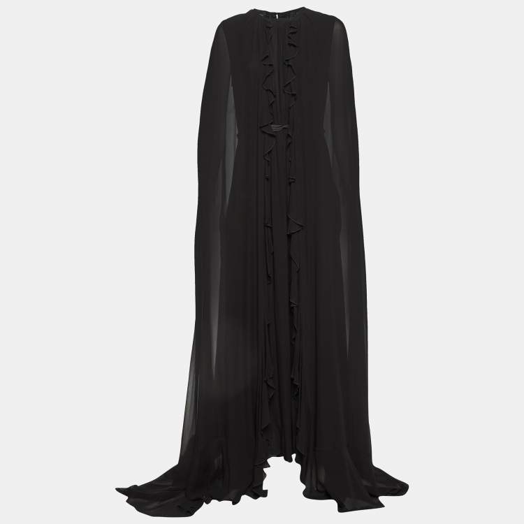 Pre Owned Giambattista Valli Black Silk Ruffled Cape Maxi Dress L