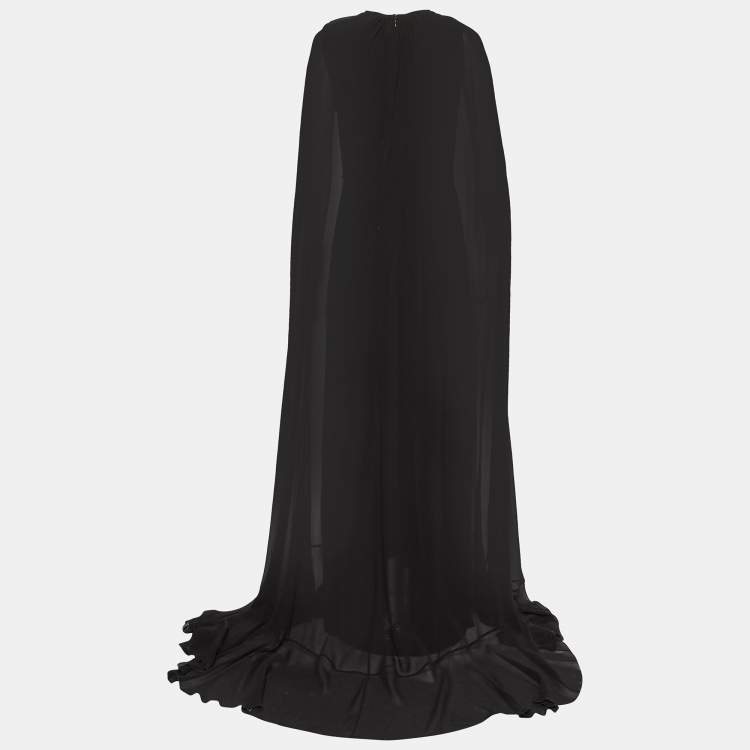Pre Owned Giambattista Valli Black Silk Ruffled Cape Maxi Dress L