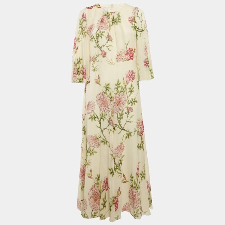 Pre Owned Giambattista Valli Cream Phyton Floral Print Silk Flared Maxi Dress L