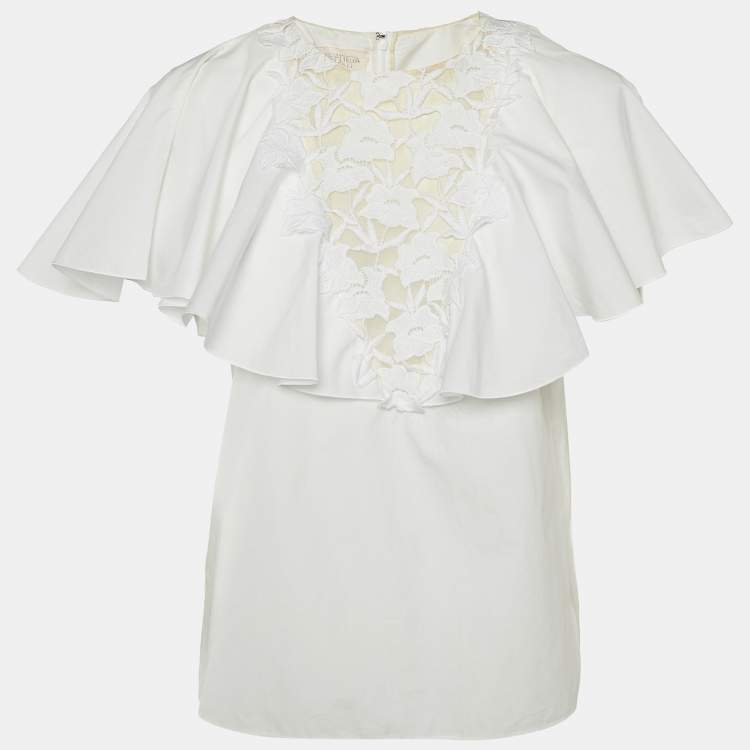 Pre Owned Giambattista Valli White Lace Trim Cotton Ruffled Top M