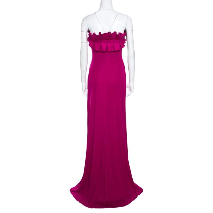 Pre Owned Giambattista Valli Pink Silk Jersey Ruffled Bodice Strapless Gown M