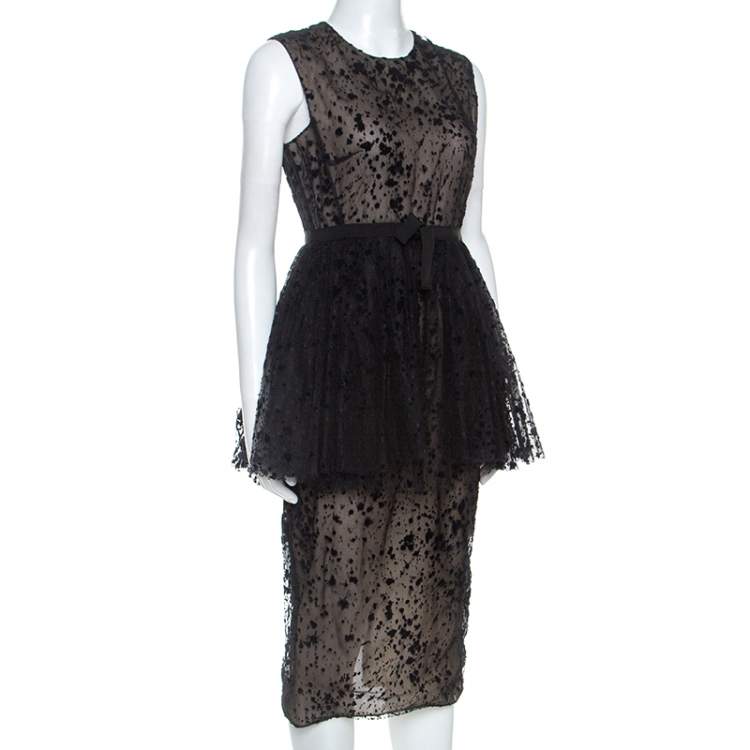 Pre Owned Giambattista Valli Black Tulle Flocked Peplum Midi Dress S