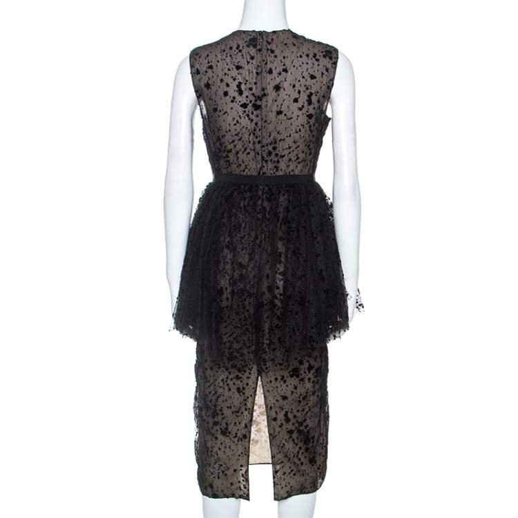 Pre Owned Giambattista Valli Black Tulle Flocked Peplum Midi Dress S