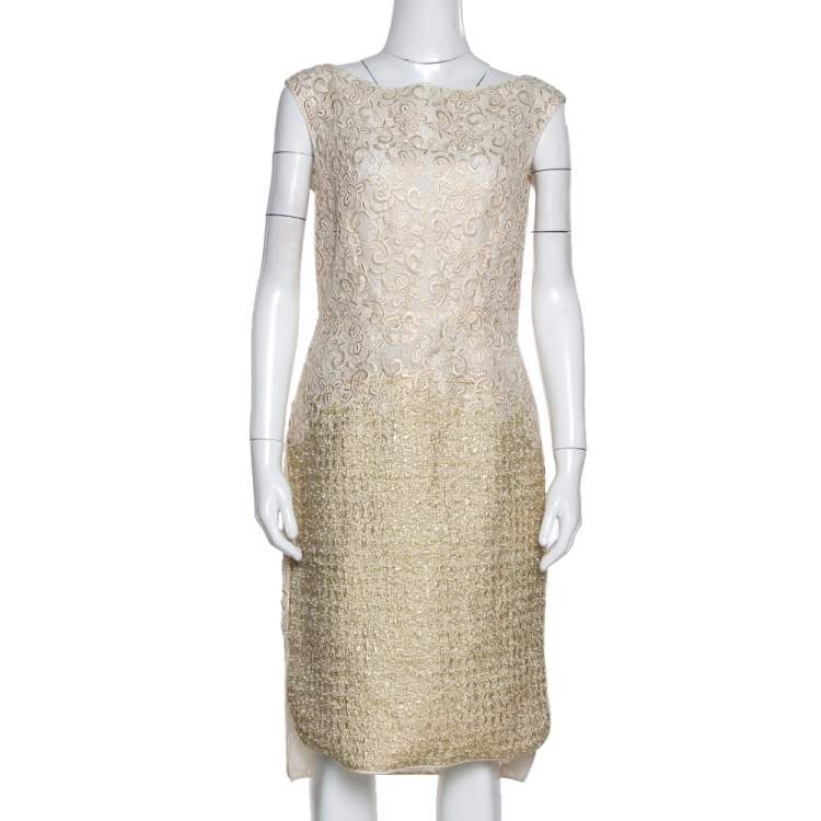 Pre Owned Giambattista Valli Gold & Cream Floral Lace Paneled Sheath Dress S