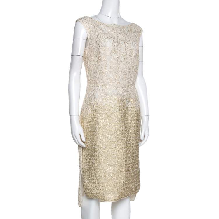 Pre Owned Giambattista Valli Gold & Cream Floral Lace Paneled Sheath Dress S