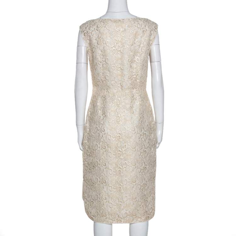 Pre Owned Giambattista Valli Gold & Cream Floral Lace Paneled Sheath Dress S
