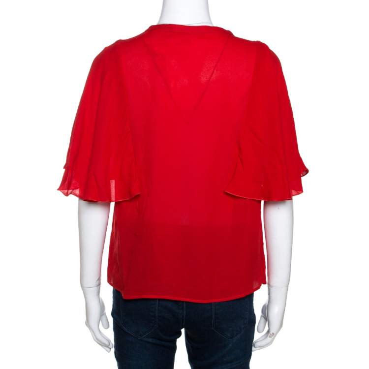 Pre Owned Giambattista Valli Red Crepe Ruffled Cape Detail Top M 