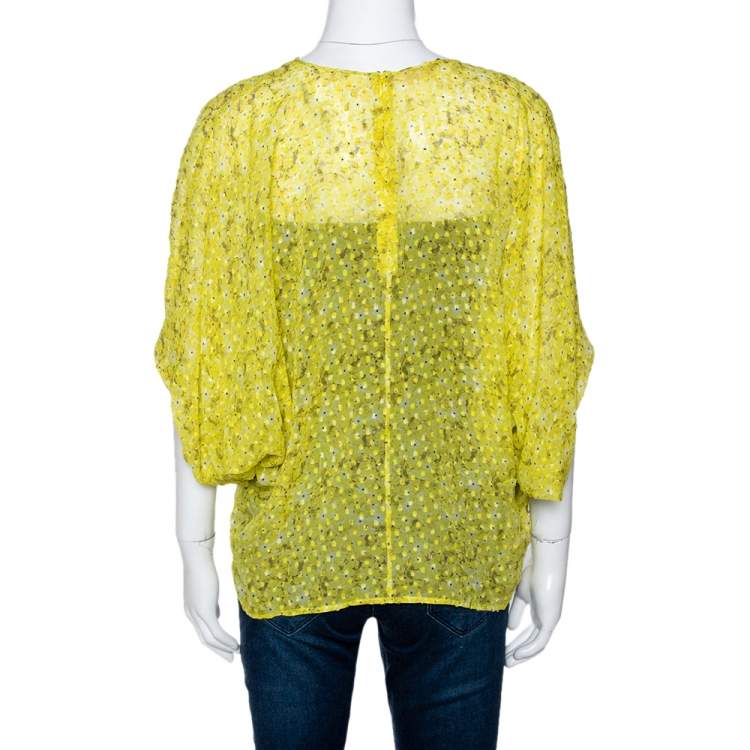 Pre Owned Giambatista Valli Yellow Textured Floral Print Silk Blouse XS