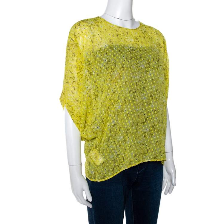 Pre Owned Giambatista Valli Yellow Textured Floral Print Silk Blouse XS