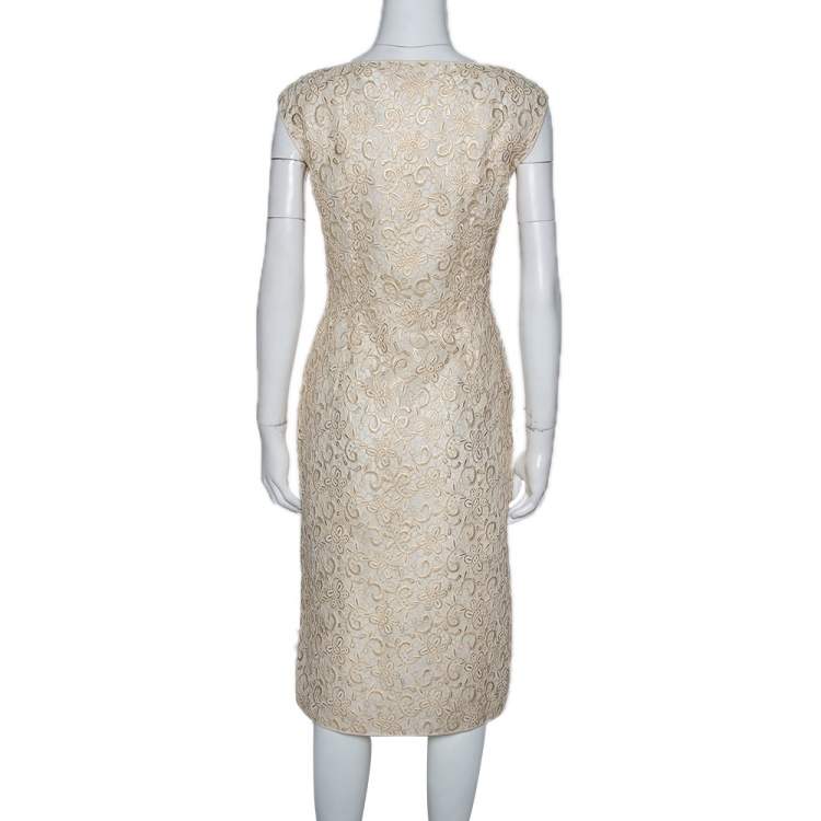 Pre Owned Giambattista Valli Gold & Cream Floral Lace Paneled Sheath Dress S