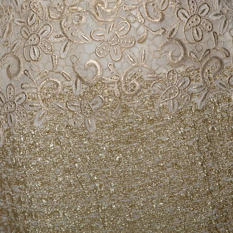 Pre Owned Giambattista Valli Gold & Cream Floral Lace Paneled Sheath Dress S