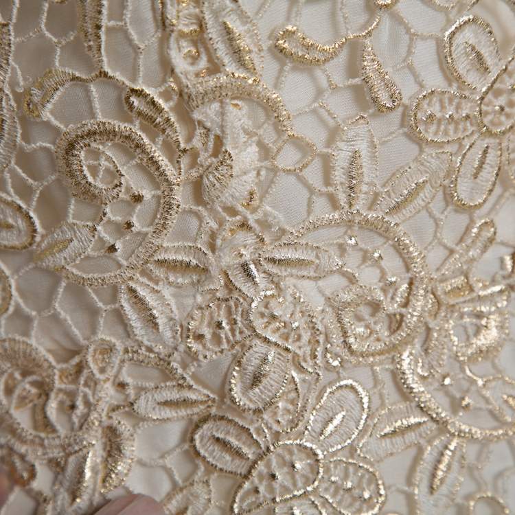Pre Owned Giambattista Valli Gold & Cream Floral Lace Paneled Sheath Dress S