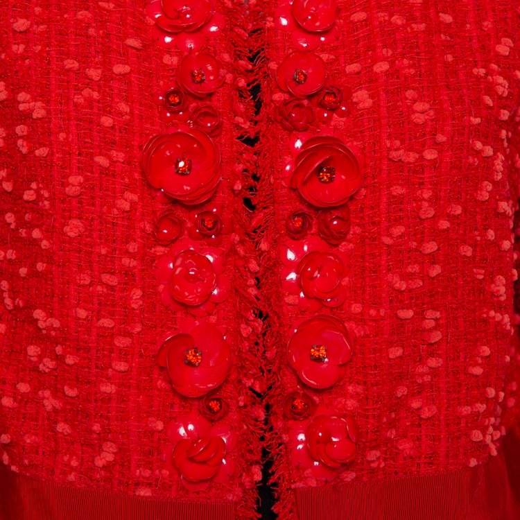 Pre Owned Giambattista Valli Red Floral Embellished Tweed Open Front Shrug M