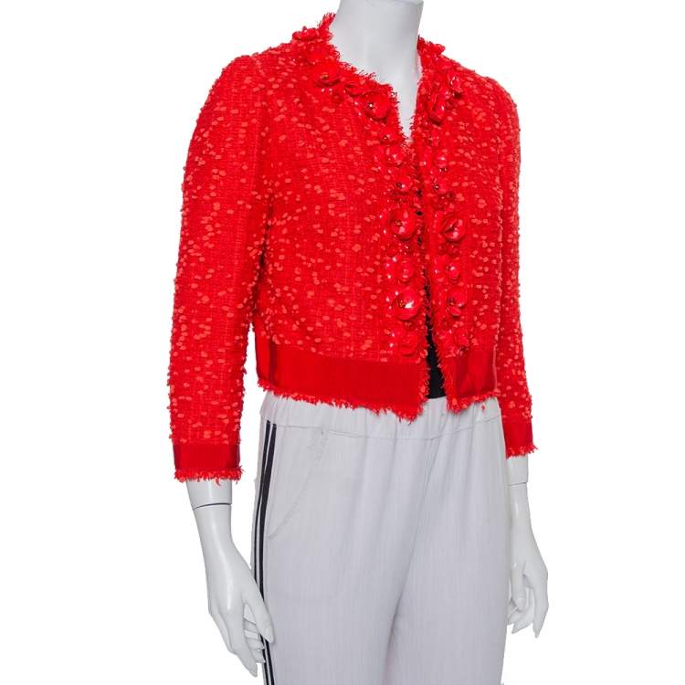 Pre Owned Giambattista Valli Red Floral Embellished Tweed Open Front Shrug M