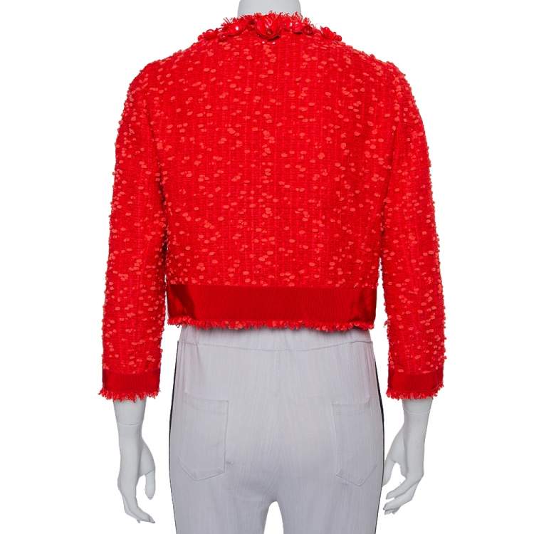 Pre Owned Giambattista Valli Red Floral Embellished Tweed Open Front Shrug M