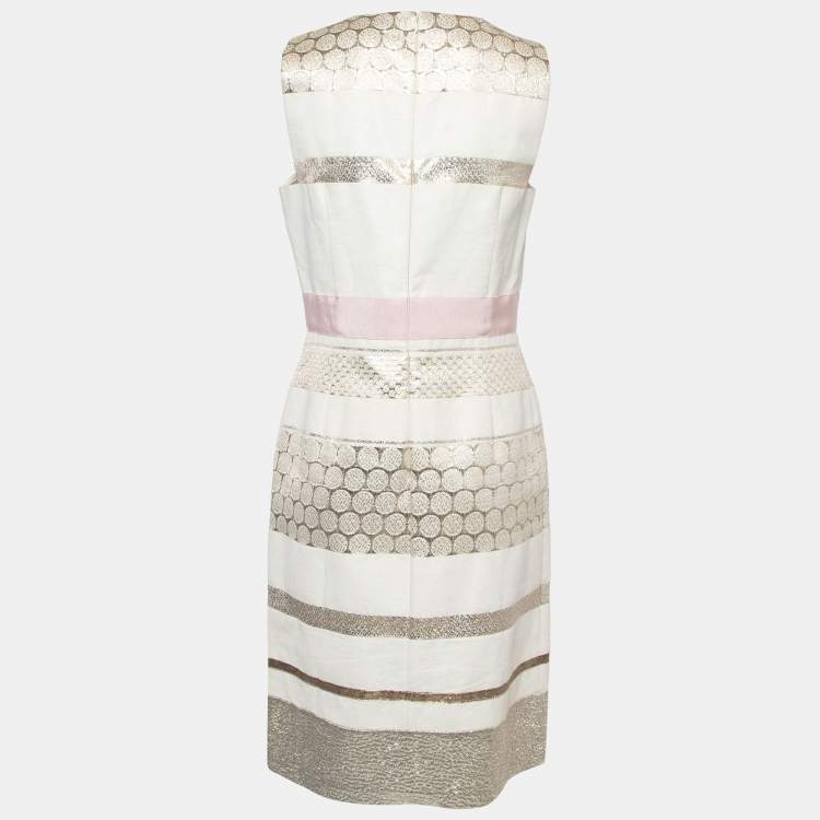 Pre Owned Giambattista Valli Off White Lurex Brocade Striped Cotton Sleeveless Dress M