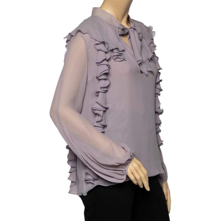 Pre Owned Giambattista Valli Lilac Silk Ruffled Neck Tie Detail Top L