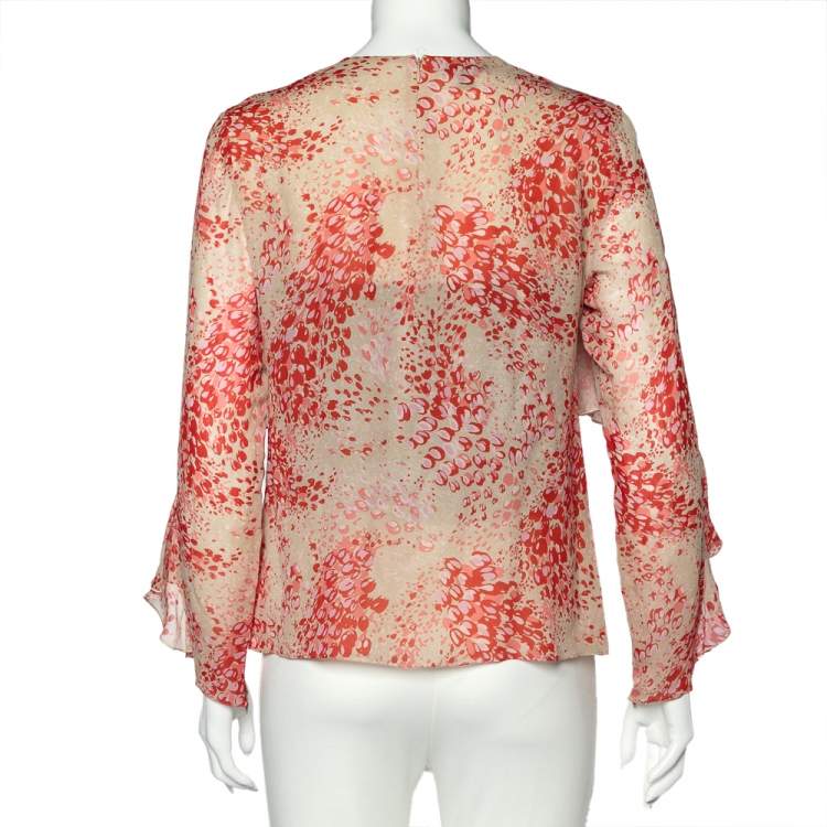 Pre Owned Giambattista Valli Light Pink Printed Silk Ruffled Top M