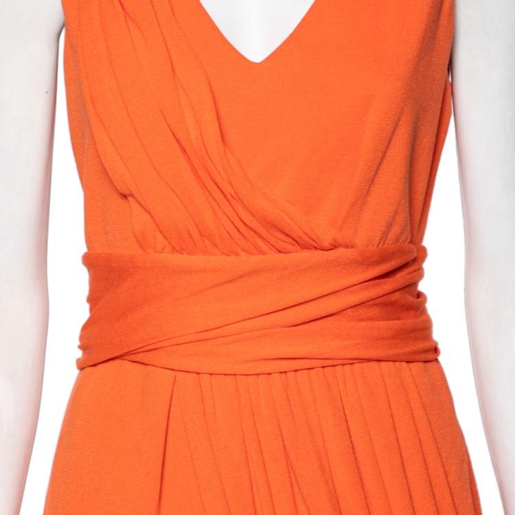 Pre Owned Giambattista Valli Orange Cotton Pleated Front Midi Dress M