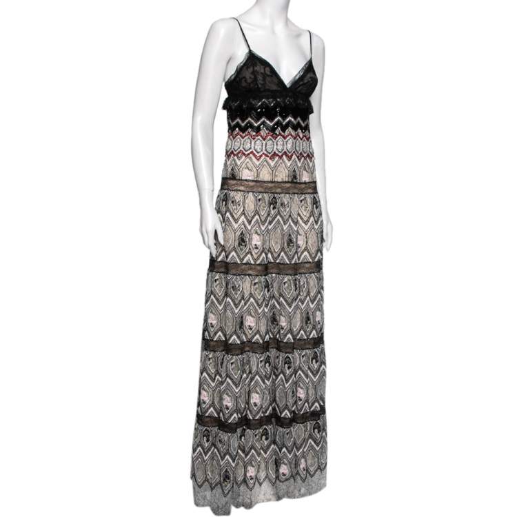 Pre Owned Giambattista Valli Multicolor Mesh Floral Embroidered Ruffle Detail Gown S