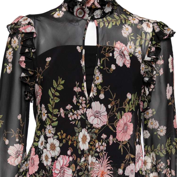 Pre Owned Giambattista Valli Black Floral Printed Silk Ruffle Trimmed Skirt & Blouse Set S