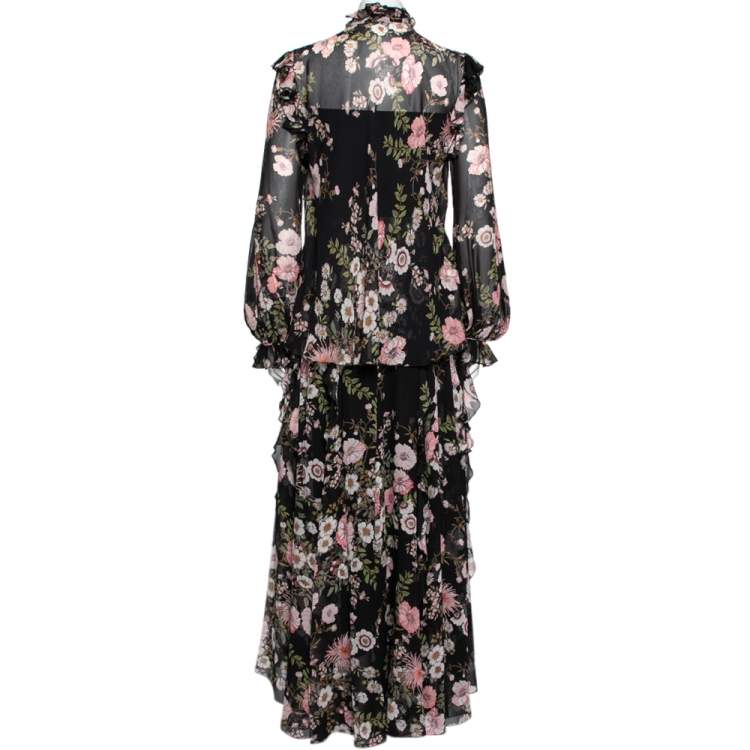 Pre Owned Giambattista Valli Black Floral Printed Silk Ruffle Trimmed Skirt & Blouse Set S