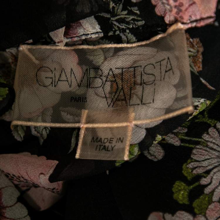 Pre Owned Giambattista Valli Black Floral Printed Silk Ruffle Trimmed Skirt & Blouse Set S