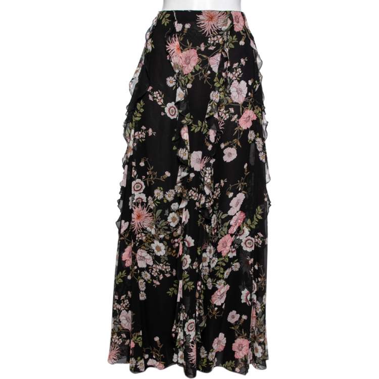 Pre Owned Giambattista Valli Black Floral Printed Silk Ruffle Trimmed Skirt & Blouse Set S