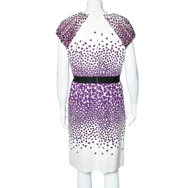 Pre Owned Giambattista Valli White & Purple Printed Cotton & Silk Sheath Dress XL