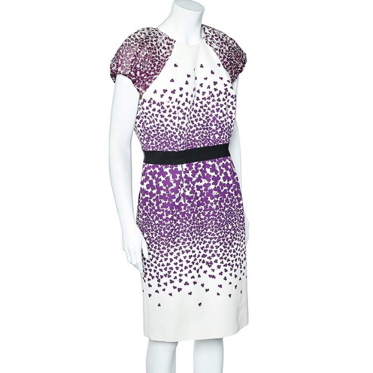 Pre Owned Giambattista Valli White & Purple Printed Cotton & Silk Sheath Dress XL