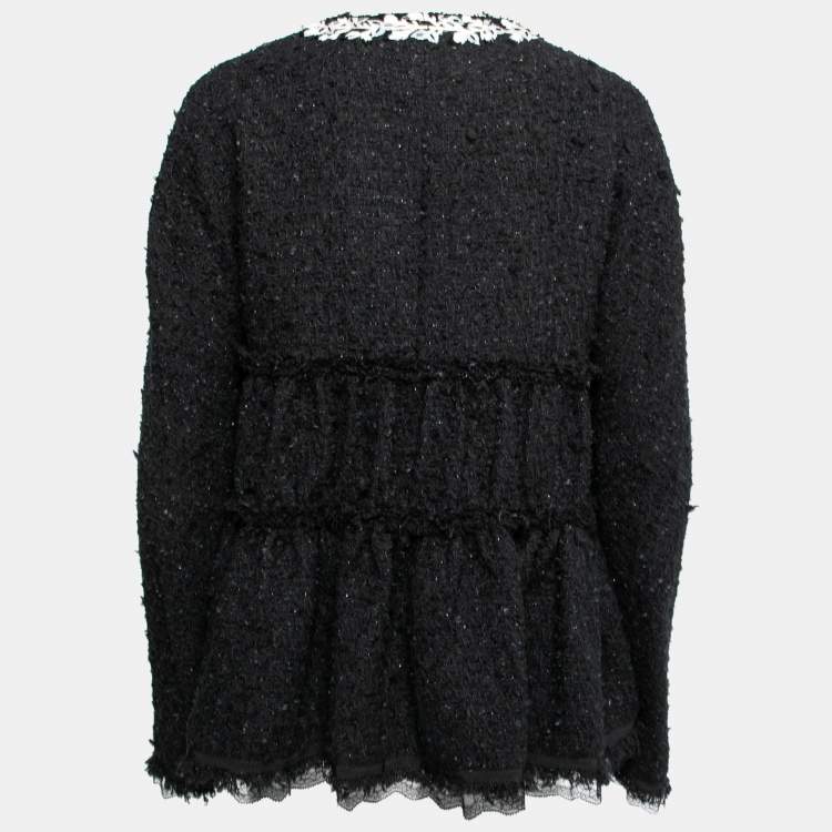 Pre Owned Giambattista Valli Black Tweed Embroidered Neck Detail Flared Jacket M