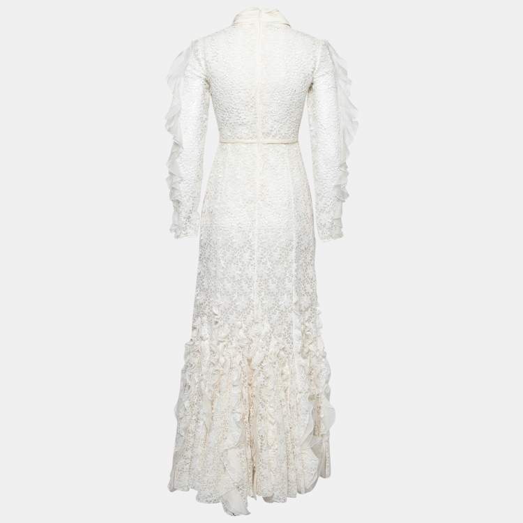 Pre Owned Giambattista Valli White Floral Guipure Lace Ruffle Trimmed Gown S