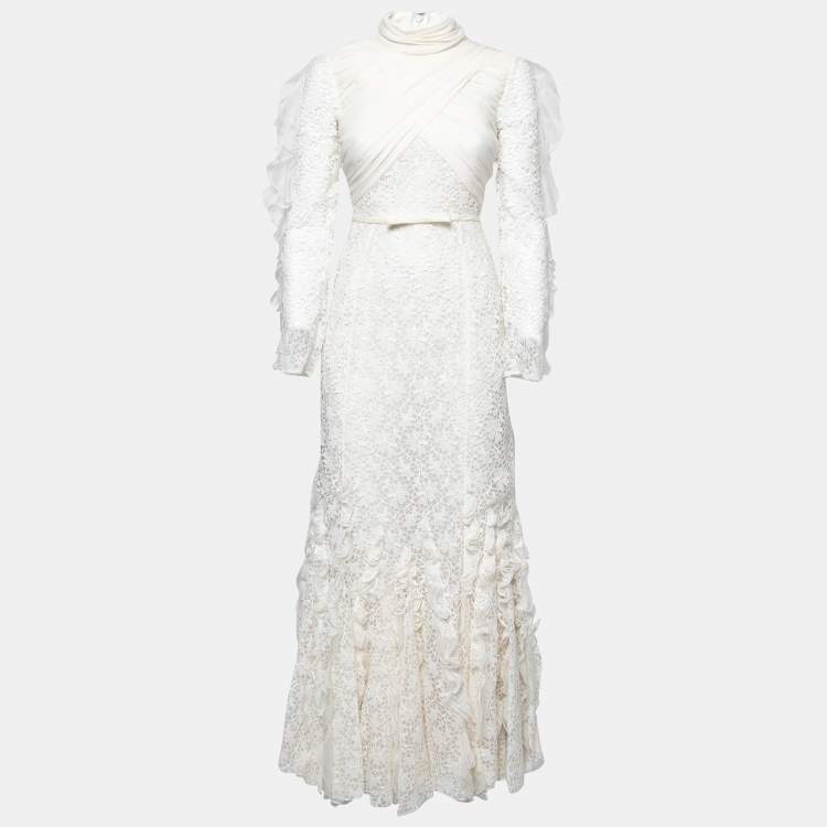 Pre Owned Giambattista Valli White Floral Guipure Lace Ruffle Trimmed Gown S