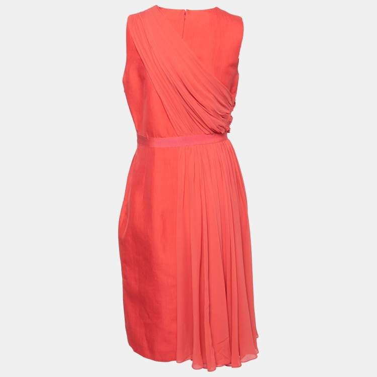 Pre Owned Giambattista Valli Coral Pink Silk Drape Detail Sheath Dress M