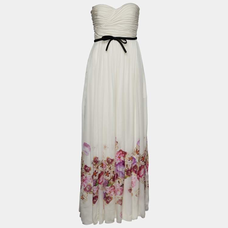 Pre Owned Giambattista Valli White Floral Printed Silk Strapless Gown M