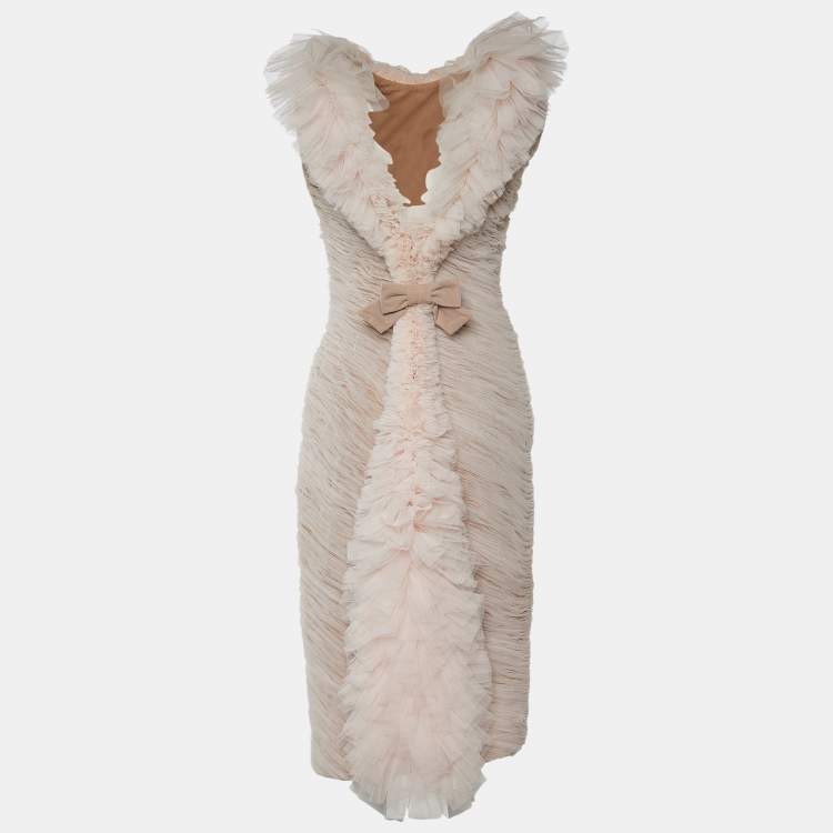 Pre Owned Giambattista Valli Light Pink Ruched Tulle Ruffle Detail Sheath Dress M