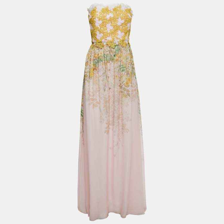 Pre Owned Giambattista Valli Pink Floral Printed Silk Lace Detail Strapless Maxi Dress S